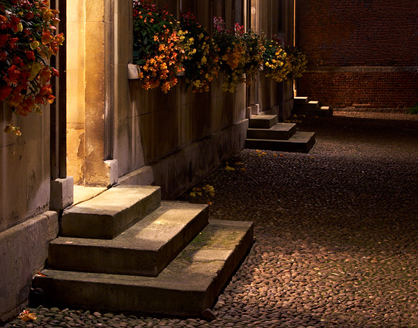 flowers over steps in First Court within St. John's College at Cambridge University in England