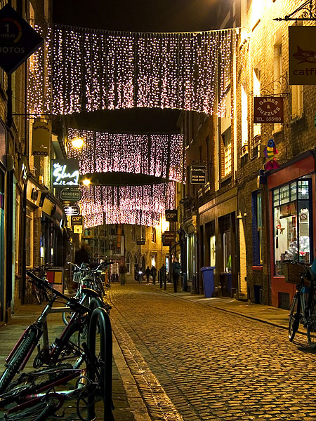 Christmas lights lining the streets of Cambridge, England