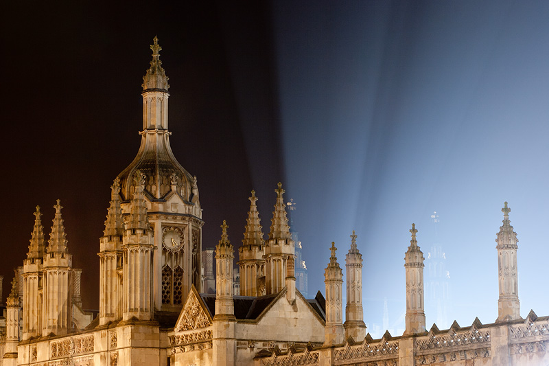 lights emanating from the King's College courtyard at Cambridge University in England