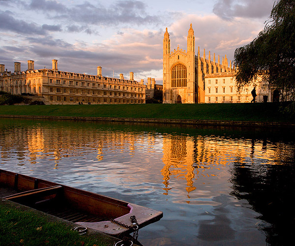 sunset over the River Cam from within King's College at Cambridge University in England
