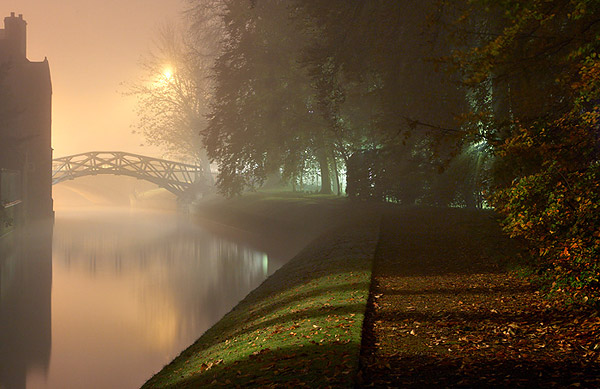 Mathematical Bridge in the fog from Queens' College at Cambridge University in England
