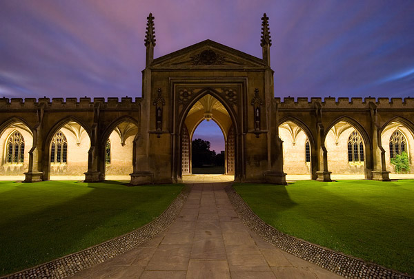 doorway out of New Court within St. John's College at Cambridge University in England