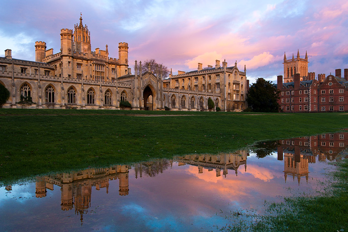 puddle during sunset in New Court within St. John's College at Cambridge University in England