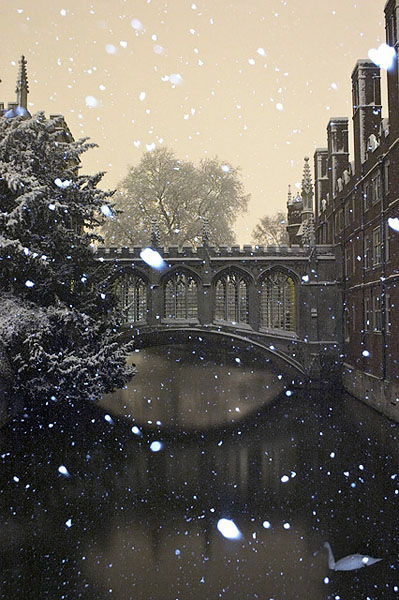 Bridge of Sighs in St. John's College During a Snowstorm at Cambridge University in England