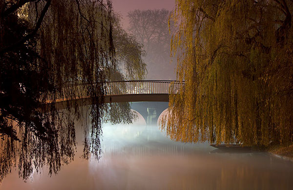 Garret Hostel Lane Bridge in fog within Cambridge University in England